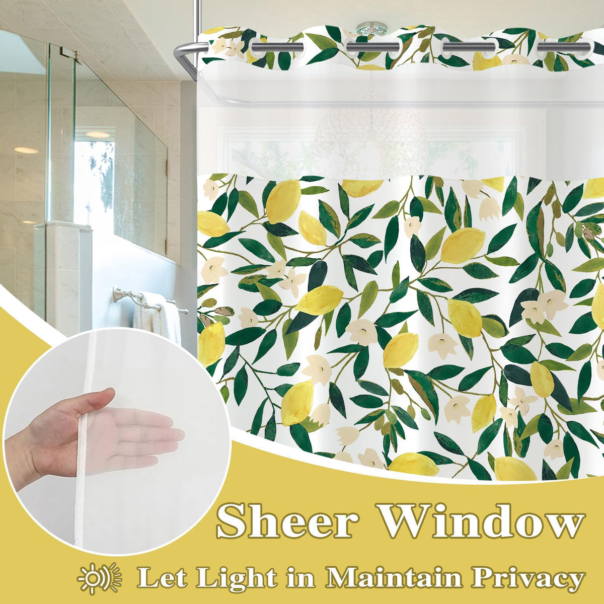 No Hook Shower Curtain with Snap in Liner (Hookless Lemon / 72"W x 74"L (Pack of 1))