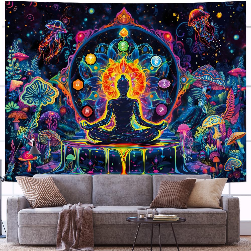 Blacklight Chakra Yoga Meditation Tapestry Mushroom Flower Wall Backdrop UV Reactive Mandala Tapestries Galaxy Space Jellyfish Tapestry Wall Hanging for Bedroom (59.1"L x 51.2"W / Chakra)
