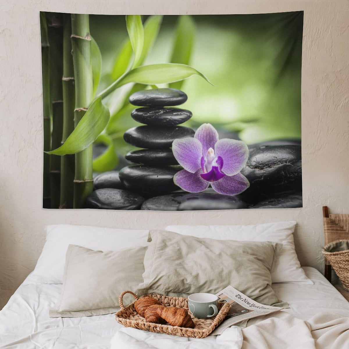 Zen Tapestry Wall Hanging Bamboo Leaves Spa Garden Purple Floral Stones Lotus Flower Japanese Relaxation Meditation Tapestries Home Decor for Living Room Bedroom Kitchen 60"x80" (60"L x 80"W / Zen-10)