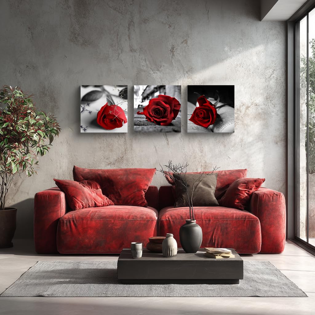 Canvas Print 3 Pcs Black and White Red Rose Canvas Art Painting Abstract Wall Art Decorations Flower Picture on Canvas for Home Decor Stretched and Framed (14 x 14 inches (3-Piece Set) / A-Rose)