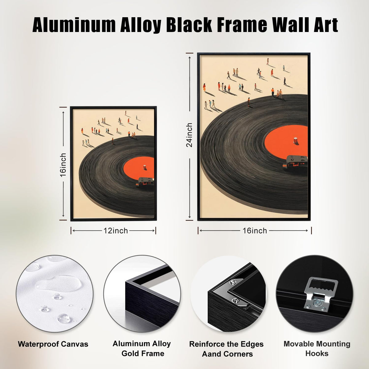 Black Framed Vinyl Record Canvas Wall Art Vintage Music Poster Print (Vintage Vinyl Record / 24"L x 16"W)