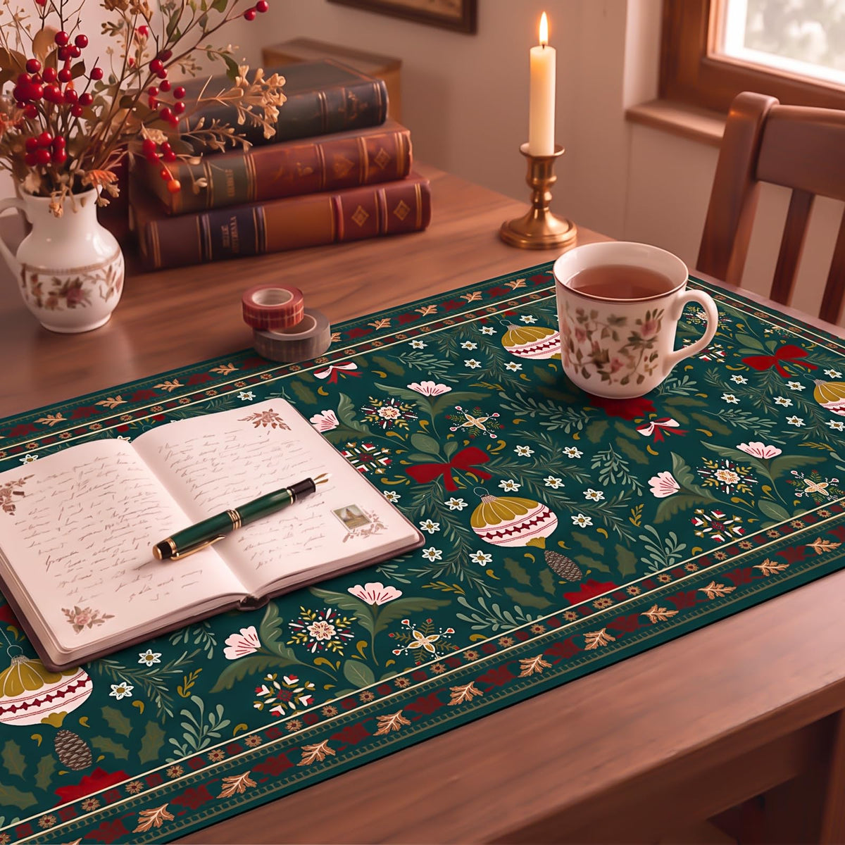 Xmas Holly Desk Mat (Dark Green Holly / 35.4" x 15.7")