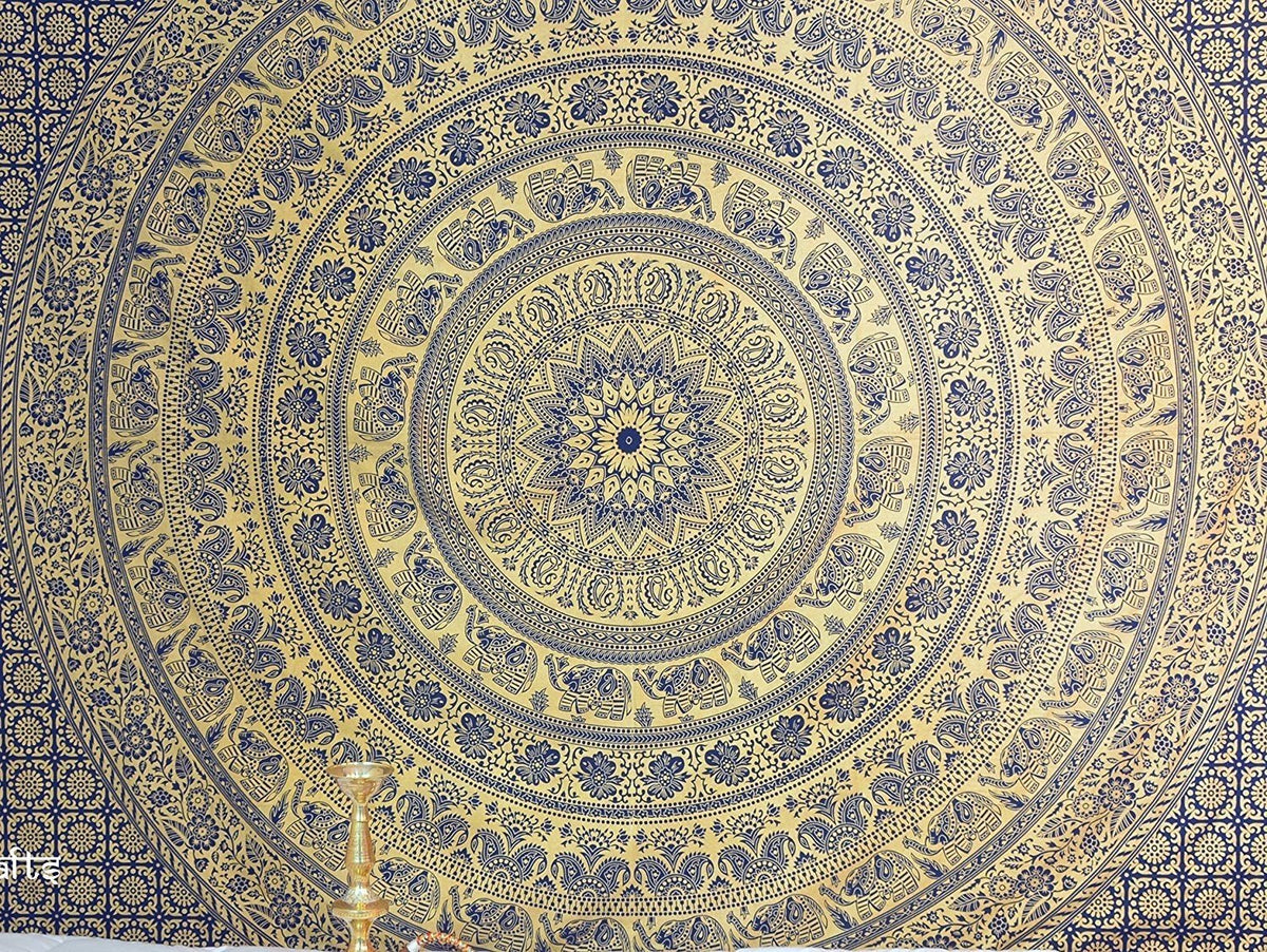 New Releases Kp774 Elephant Tapestry Wall Hanging Hippie Bohemian Mandala Wall Art With Metallic Shine tapestries (90.6"L x 84.7"W / Neavy Blue and Gold)