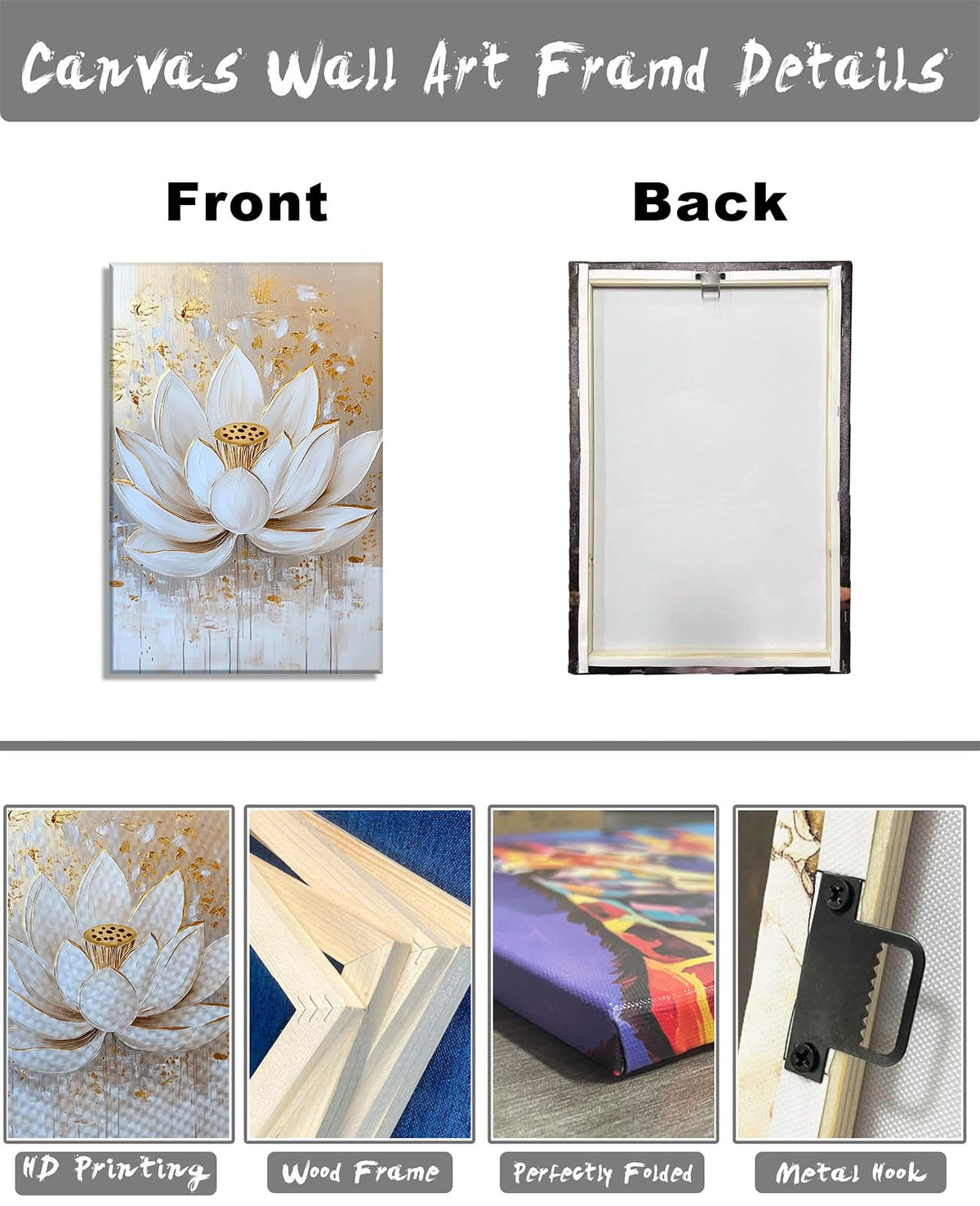 Lotus Canvas Wall Art Zen Wall Decor Framed White and Gold Lotus Flower Picture Meditation & Relax Painting Prints Spiritual Room Living Room Bathroom Ready to Hang (36"L x 24"W / D - White Gold)