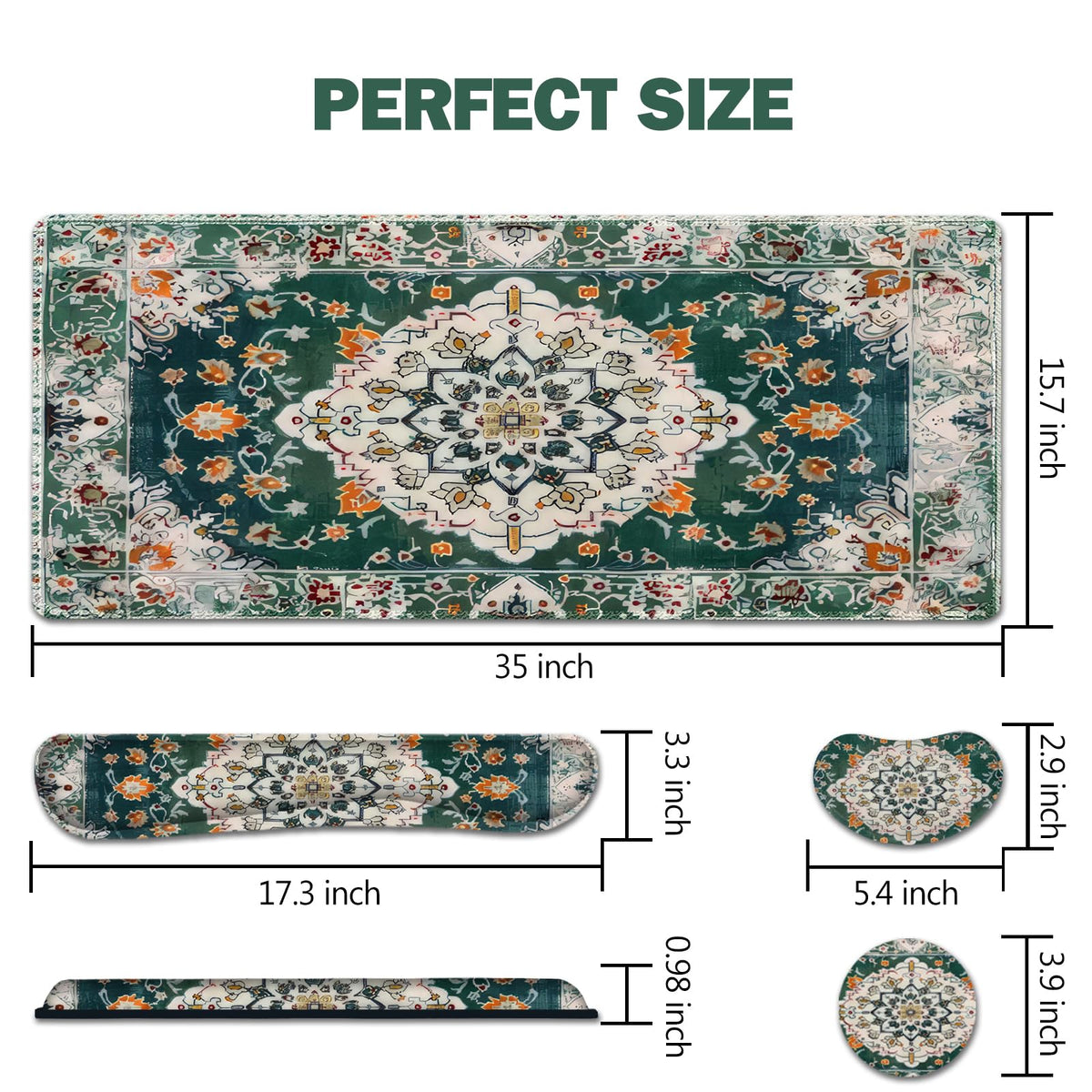 Desk Mat Set Large Mouse Pad + Mouse Wrist Rest + Keyboard Wrist Support + Coaster (Retro Boho Art)