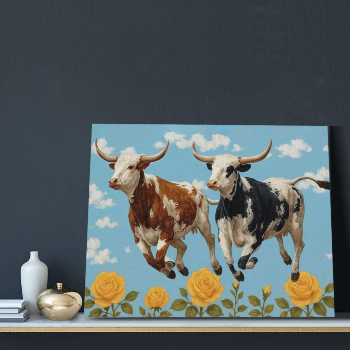 Longhorn Wall Decor Funny Cow Canvas Wall Art Cute Cattle Pictures Painting Artwork Framed Decoration for Bedroom Bathroom Living Room Kitchen Dining Room Office 16"x20" (Longhorn / 20L"×16W")