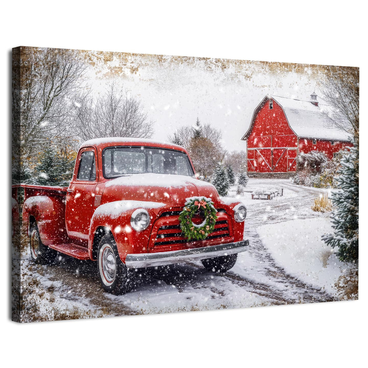 Farmhouse Barn Wall Art Vintage Christmas Wall Decor for Kitchen Rustic Red Truck Prints Country Old Car Picture Winter Scenery Painting Artwork Dining Room Woodland Natural Home Decoration 32x48" (48"L x 32"W / Truck)