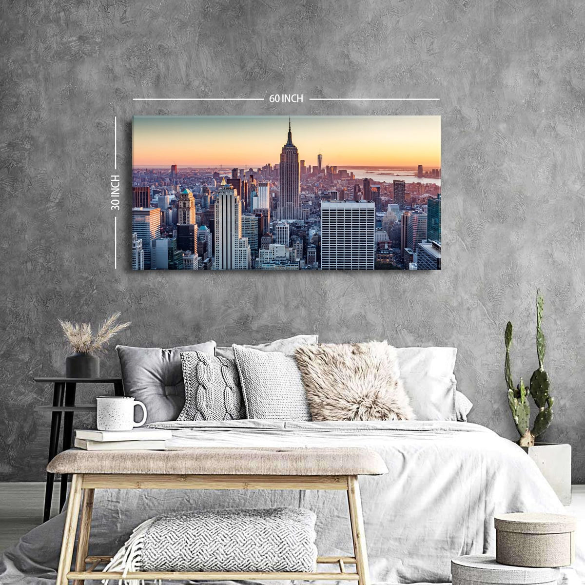 NYC Wall Art Manhattan Skyline at Night Painting Prints Sunset New York City Wall Decor Modern Building Skyscraper Picture USA Downtown Panoramic Artwork for Office Bedroom Home Decoration 30x60" (57.8"L x 30"W / New York)