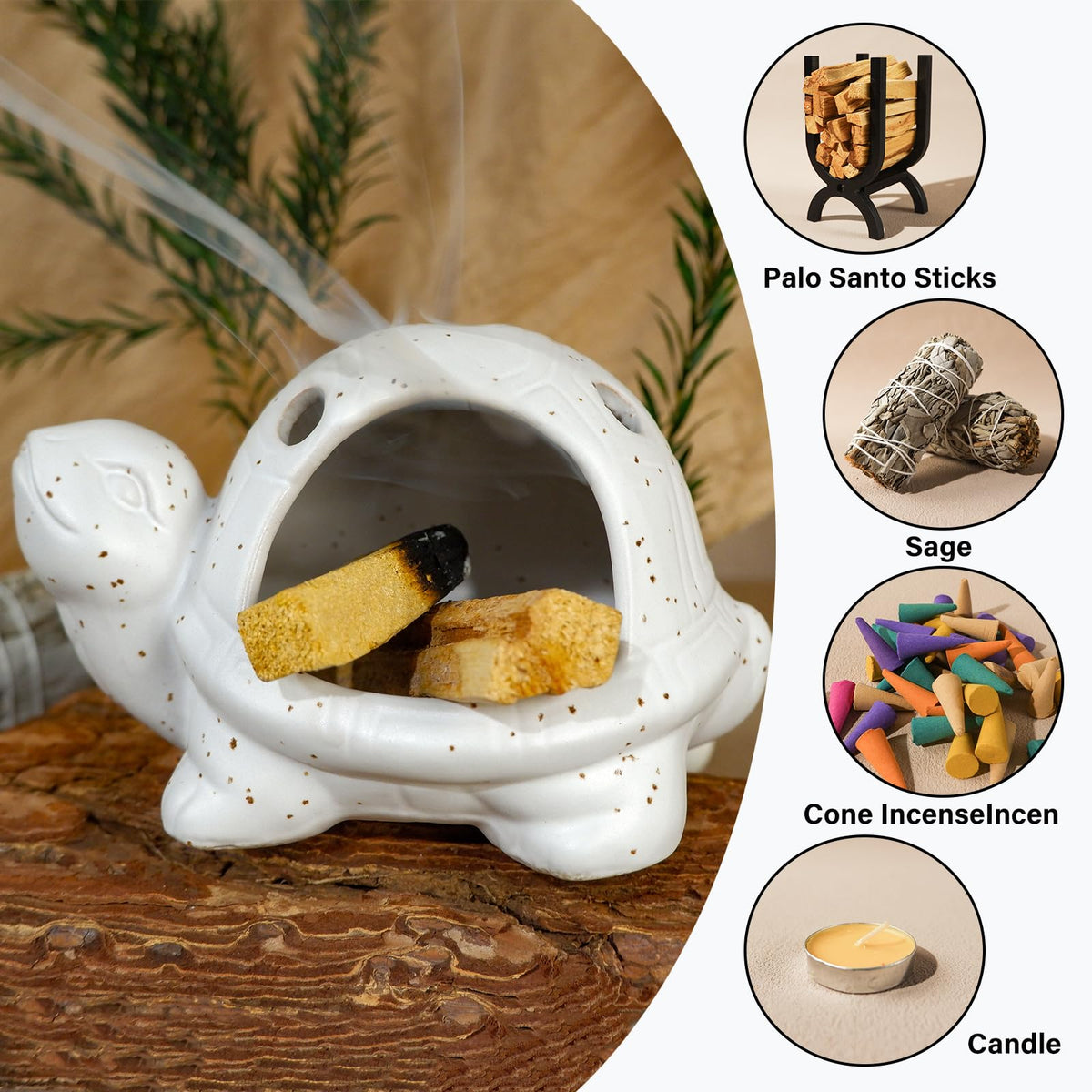 Handcrafted White Ceramic Turtle Palo Santo Holder (Turtle Palo Santo Holder-white)