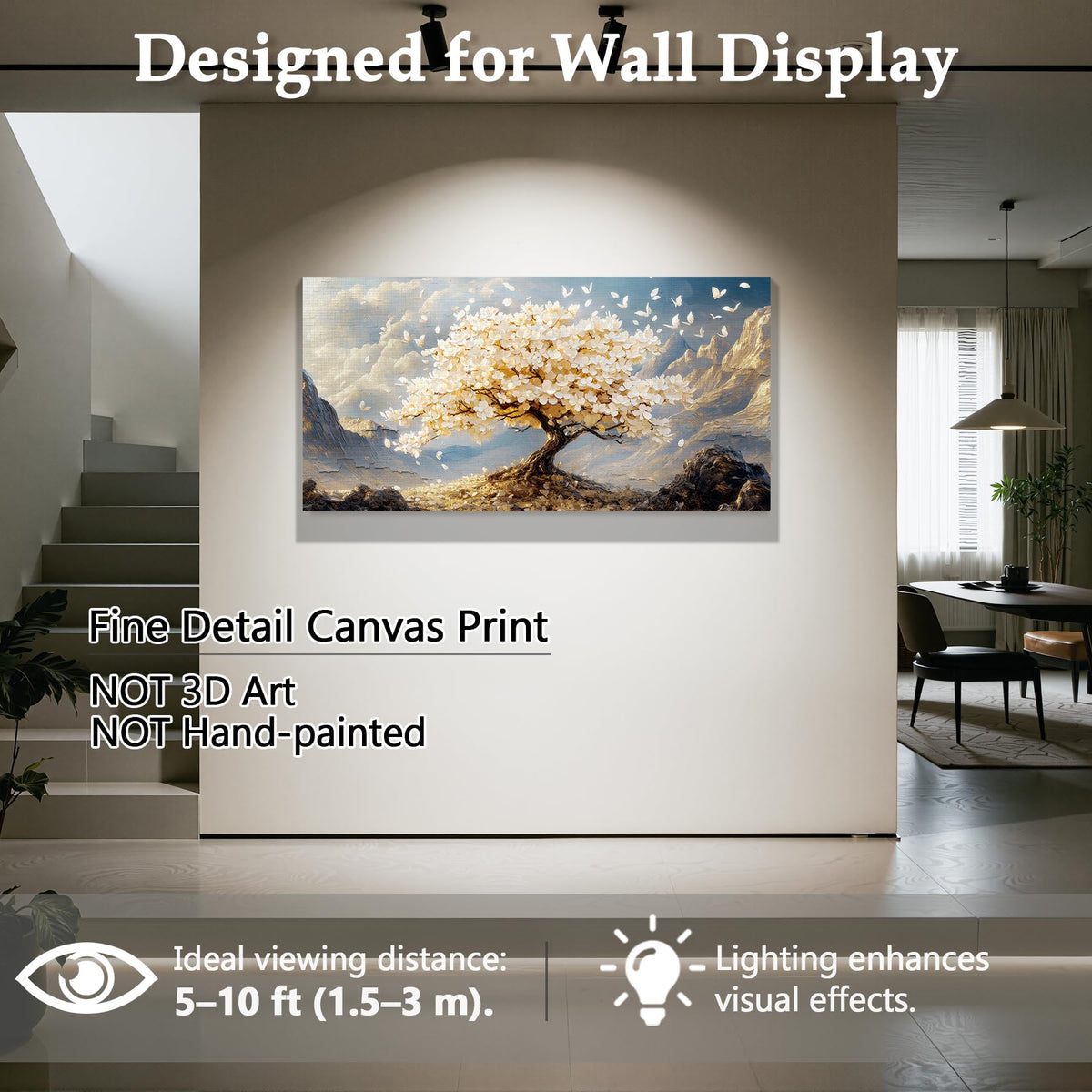 Modern Tree of Life Large Wall Art Japanese Zen Nature Decor Gold (White Tree / 48"L x 24"W)