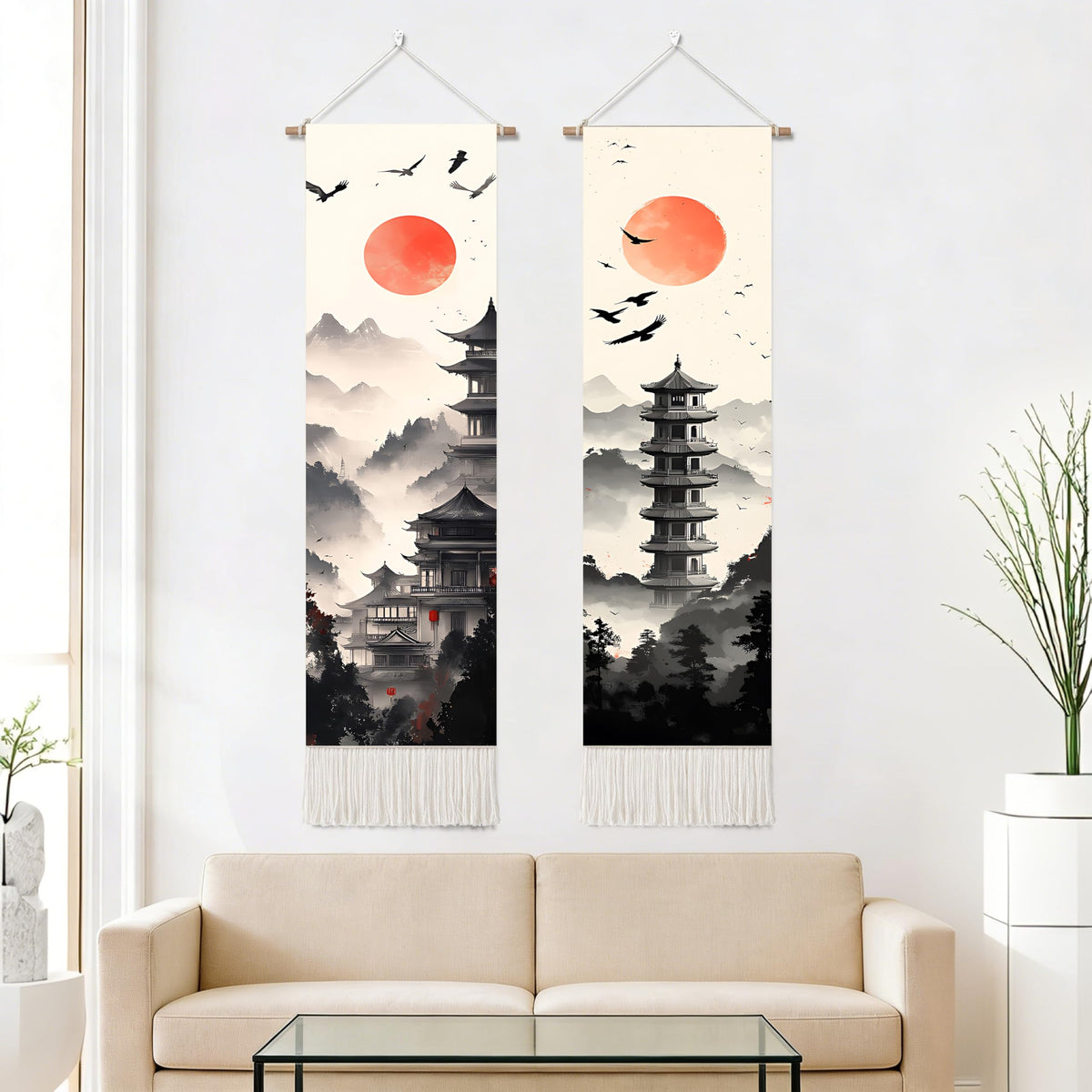 2 Pack Long Vertical Wall Tapestry (Zen Pagoda Twilight / 13"Wx51"H)