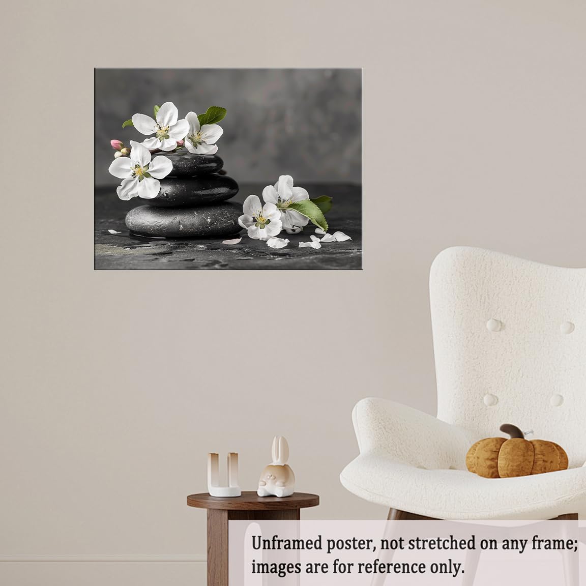 Zen Black Stones and White Flowers Wall Art (Unframed-9 / 20"L x 30"W)