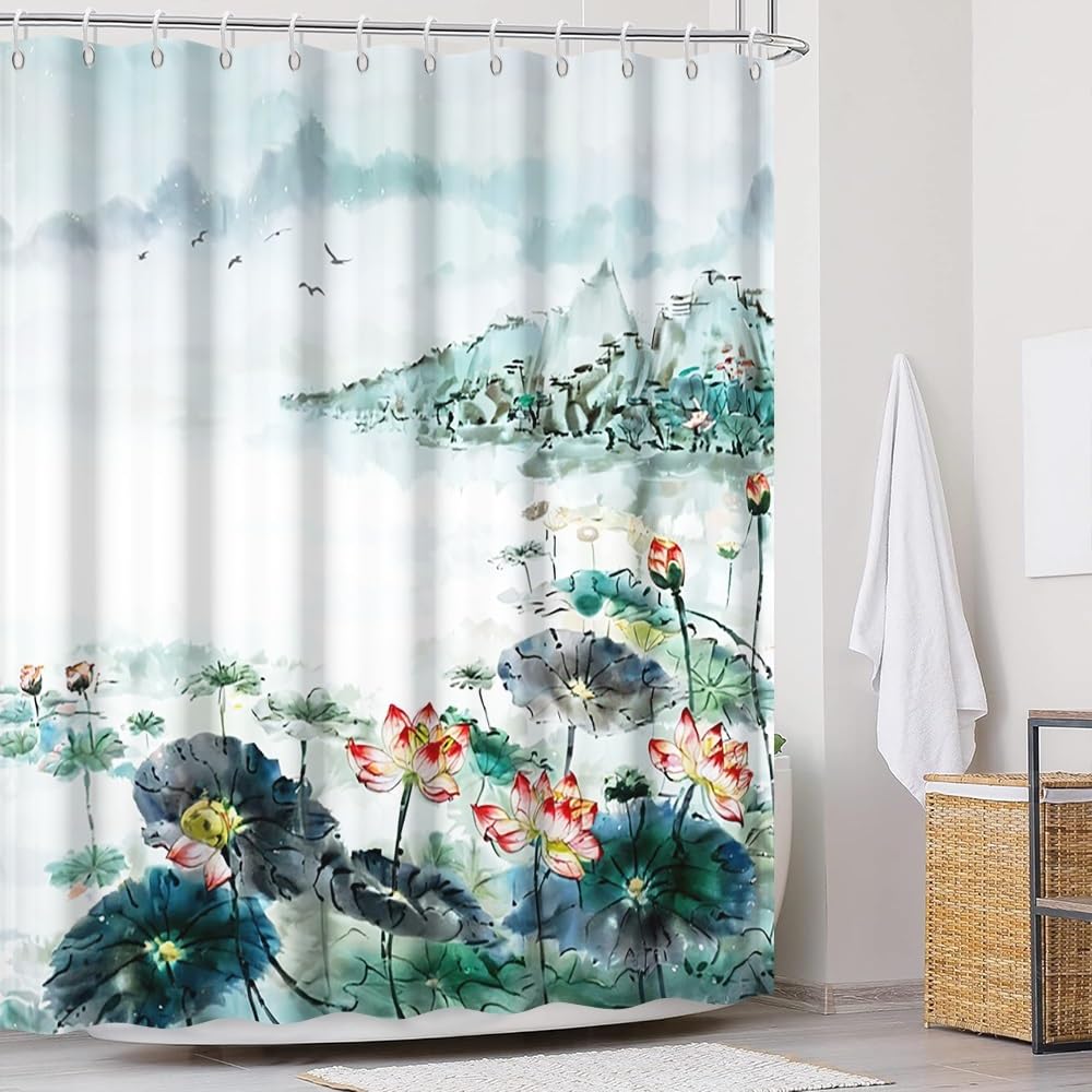Watercolor Lotus Shower Curtain Chinese Pastoral Landscape Ink Painting Lotus Bathroom Curtains Flower Plant Mountain River Wild Goose Green Fabric Shower Curtain Set with Hooks 72x84 Inch (72"W x 84"L (Pack of 1) / Green-14)