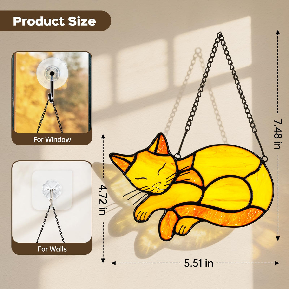 Orange Cat Stained Glass Suncatcher Decor for Window Hanging (Orange)