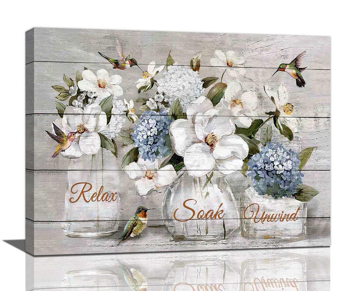 Farmhouse Flower Bathroom Decor Wall Art Rustic Hummingbird White Floral Pictures Wall Decor Relax Soak Unwind Bathroom Sign Canvas Painting Prints Artwork Home Decorations Framed for Bedroom 16"x12" (White Flower / 16"L x 12"W)
