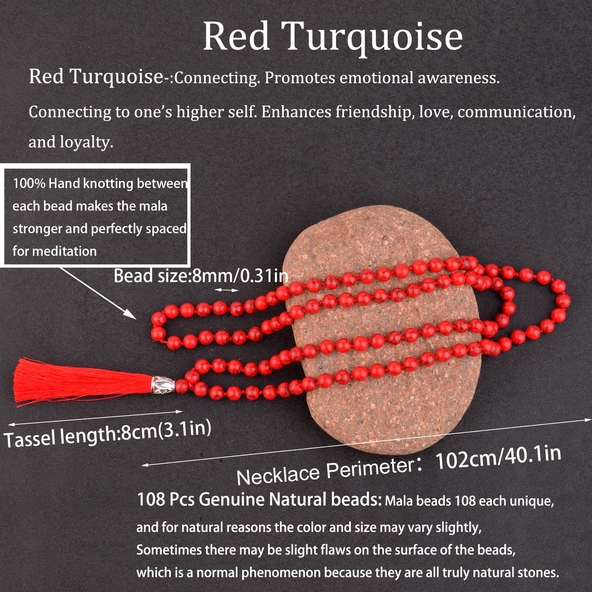 Mala Beads 108 Natural Stone GemStones Japamala Yoga Meditation Hand Knotted Beaded Tassel Necklace for Women Men (Red Turquoise)