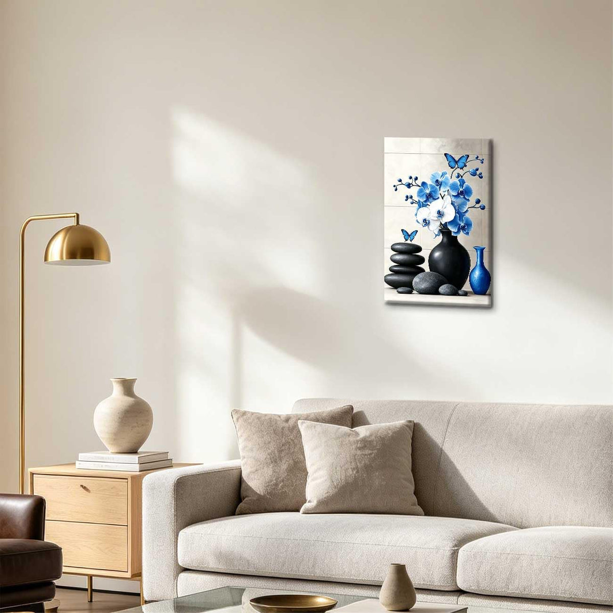 Orchid Flower Canvas Wall Art Zen Bathroom Pictures Prints Spa Stone Butterfly Wall Decor Black White Yoga Meditation Paintings for Living Room Bedroom (Blue / 18"L x 12"W)