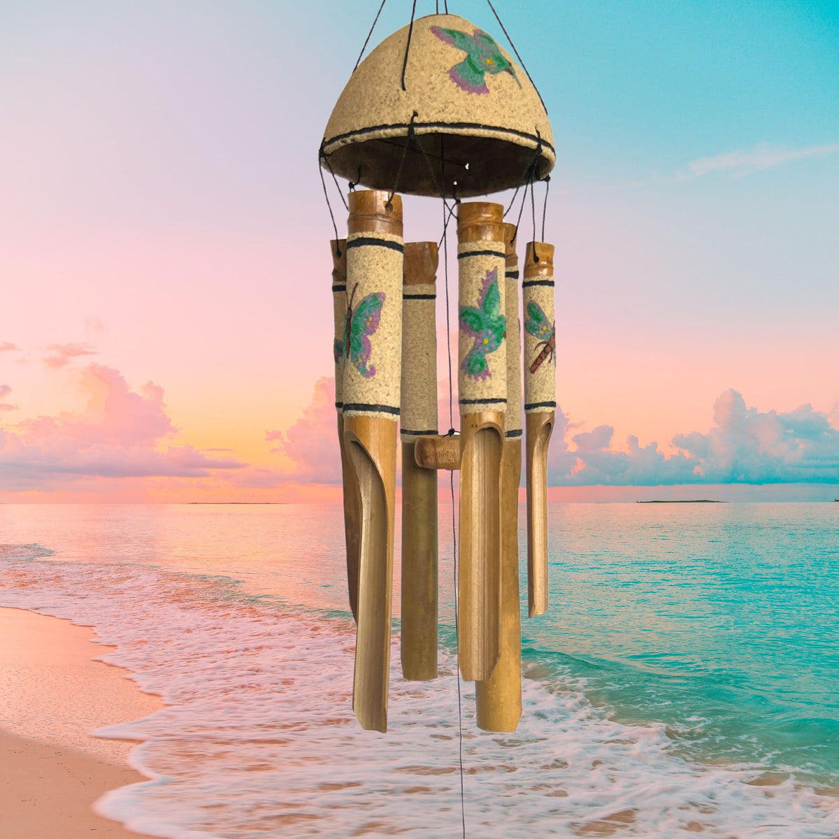 20346 Bamboo Wind Chimes Sea Sand Art Painting Hummingbird Butterfly Dragonfly Handmade Windchimes Outdoor Garden Patio Gifts 32 Inch (Green Sand)
