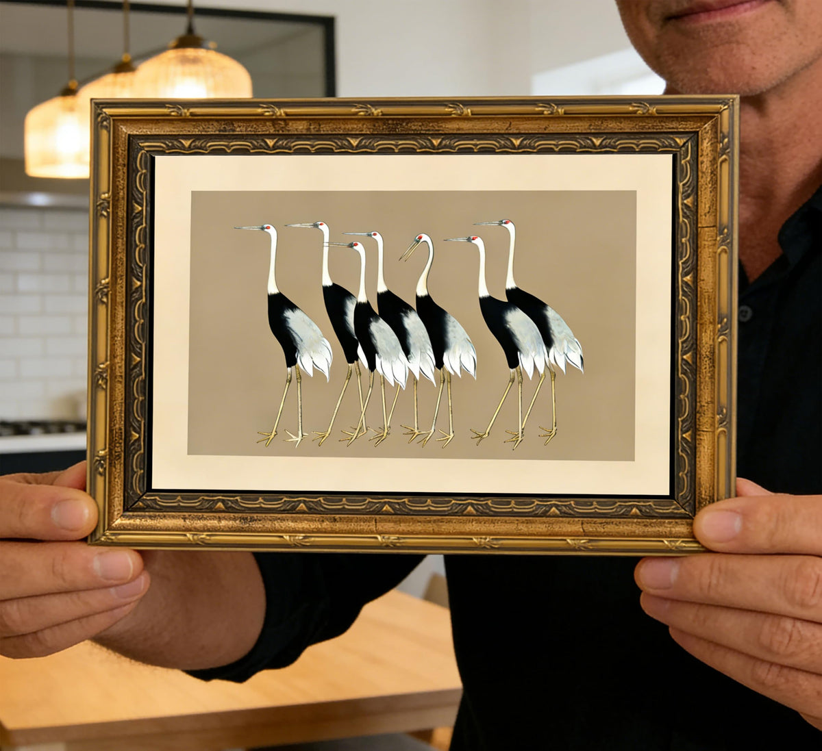 Vintage Gold Framed Wall Art Japanese Crane Posters Prints Seven Cranes Canvas Wall Decor Retro Bird Painting Pictures for Living Room Bedroom Office Zen 9x11 Inches (Japanese Crane Framed / 12"L x 16"W)
