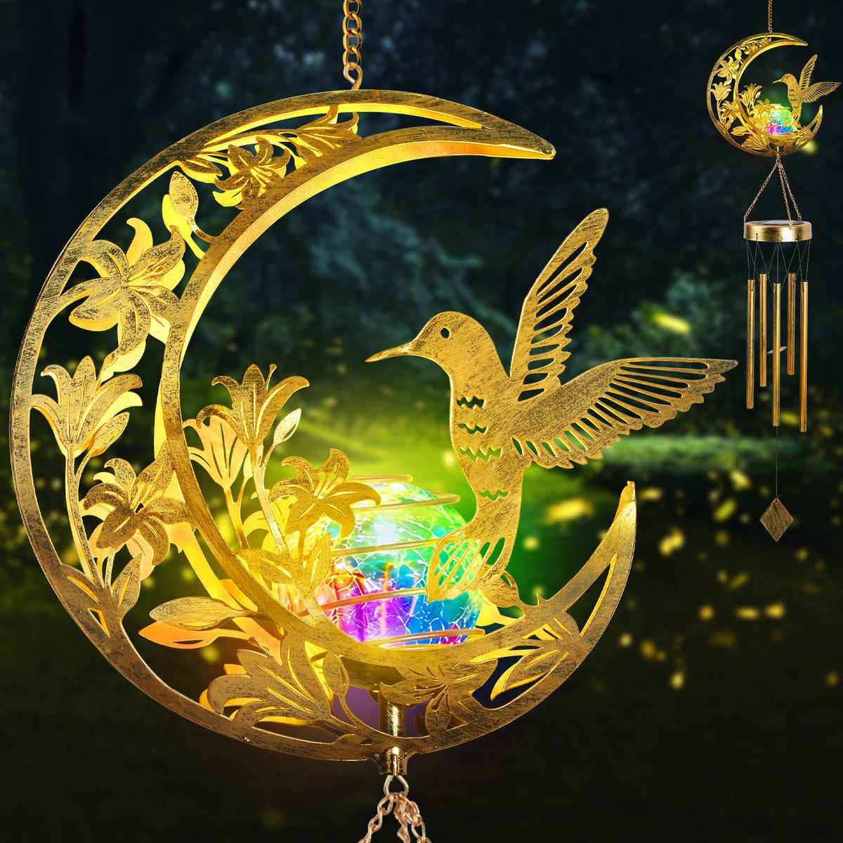 Colorful Solar Wind Chimes for Outside Gifts for Women (Colorful Hummingbird)
