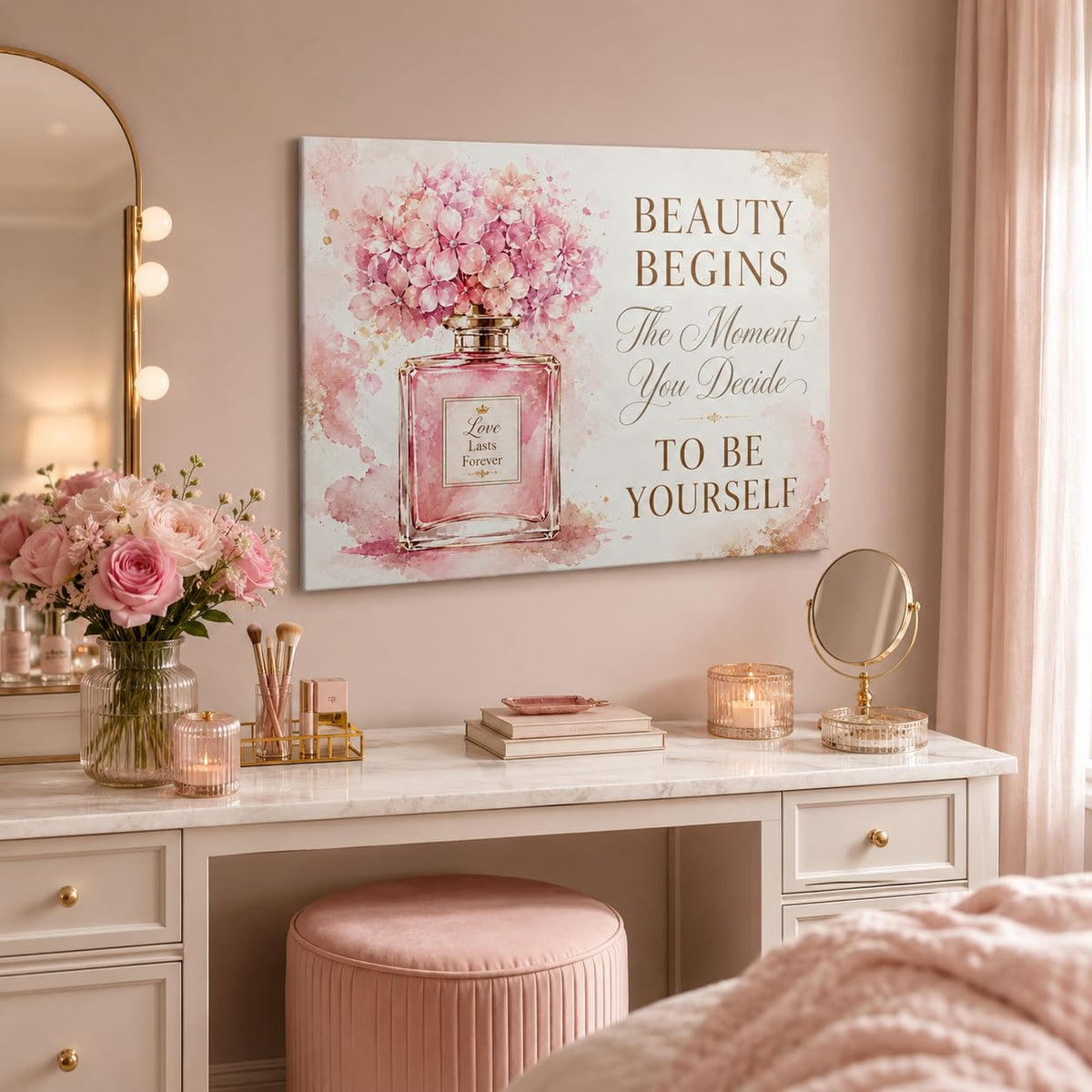 Self Love Quote Framed Wall Art Canvas Pink Floral Home Decor 16x24 Inches (Blush Perfume Bottle / 24"L x 16"W)