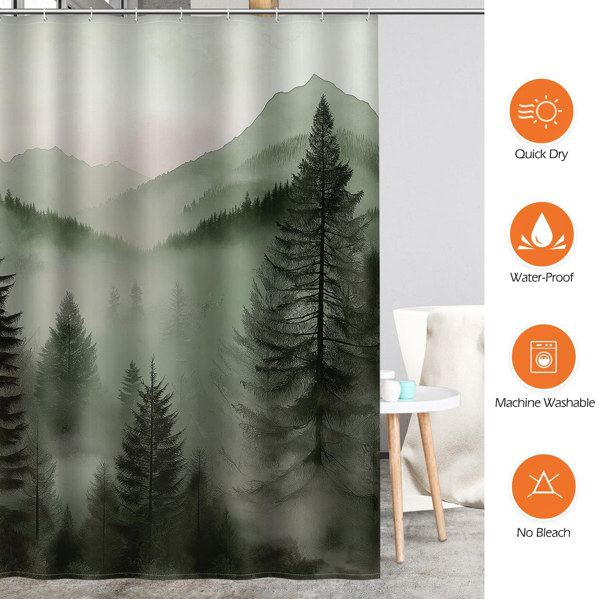 Misty Forest Shower Curtain Pine Tree Mountain Landscape Green Nature Zen Style Ombre Foggy Woodland Art Bathroom Decor Bathtub Curtain Fabric Shower Curtain Set with 12 Hooks (Misty Mountain Forest / 72"W x 72"L (Pack of 1))
