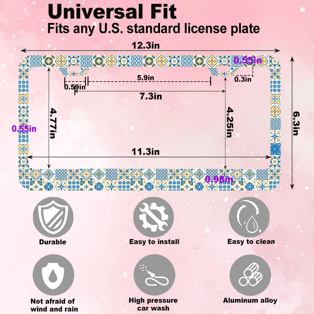 Blue White Mediterranean License Plate Frame Women 2Pc Car Tag (for Blue Vintage Mexican)