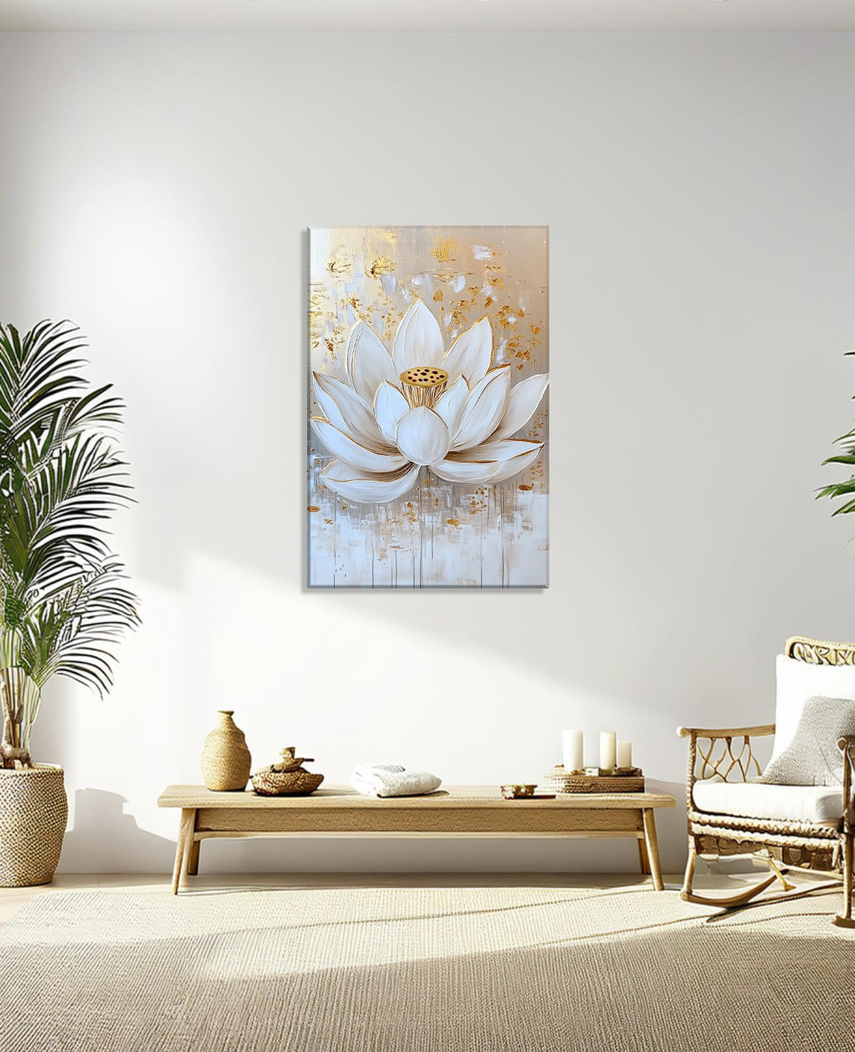 Lotus Canvas Wall Art Zen Wall Decor Framed White and Gold Lotus Flower Picture Meditation & Relax Painting Prints Spiritual Room Living Room Bathroom Ready to Hang (36"L x 24"W / D - White Gold)