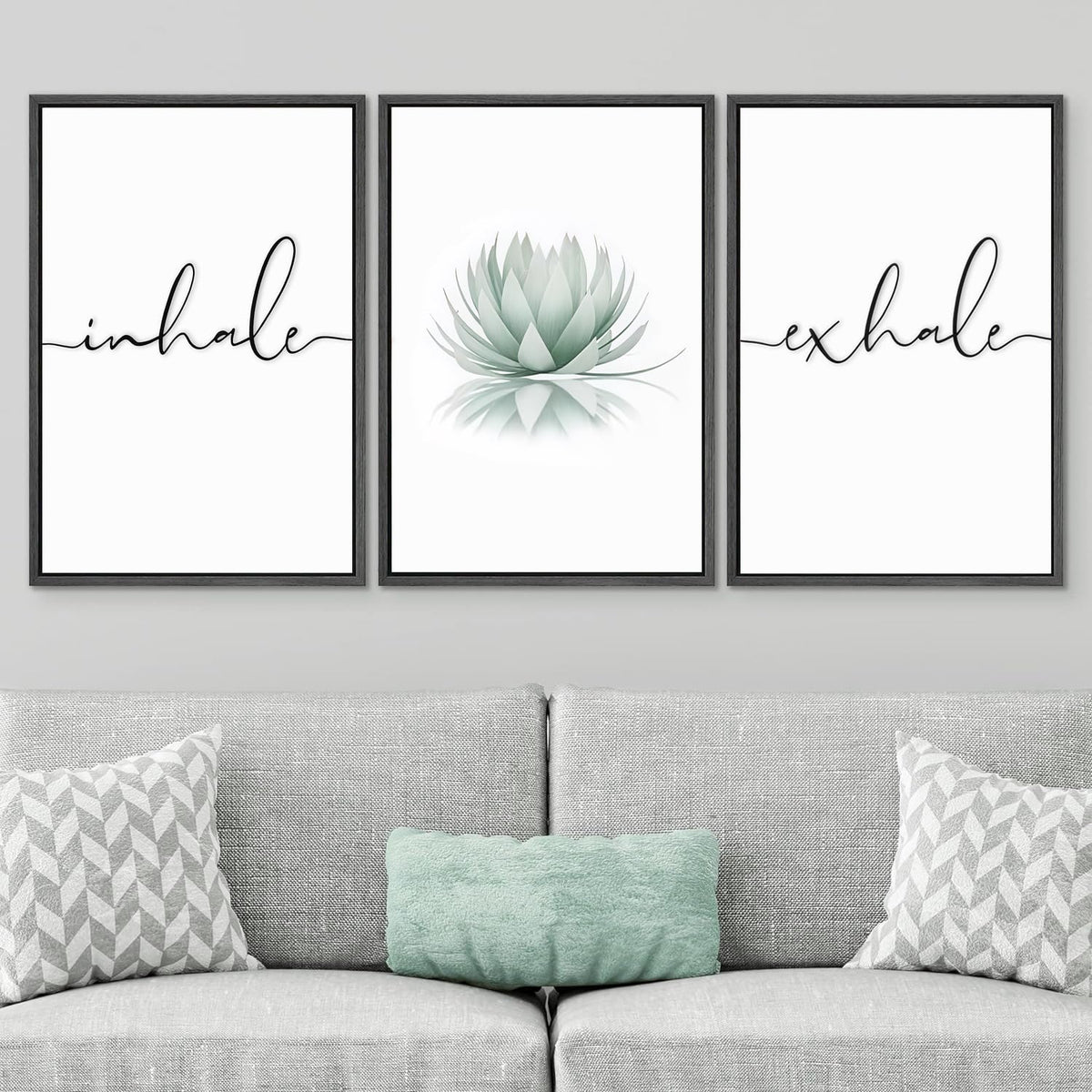 Zen Above Bed Poster Print Decor Inhale Exhale Green Lotus Flower Canvas Wall Art Painting Yoga Calming Meditation Artwork Pictures Bedroom Living Room Decoration 16x24 Inch Unframed Set of 3 (Green Lotus Art Prints / 16x24 Inch)