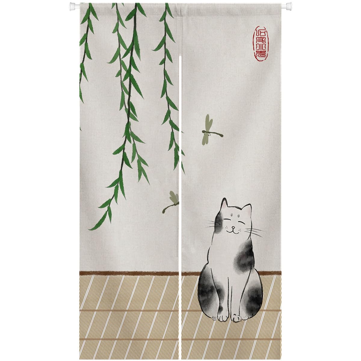 Ink Cat Noren Curtain (Willow Tree and Cat)
