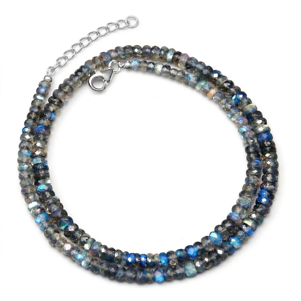 Blue Fire Faceted Labradorite Beads 16 Inch Beaded Necklace with Additional 2 inch 92.5 Sterling Silver Extension. Bead Size Varies from 2mm to 5mm (Blue Fire Natural Labradorite)