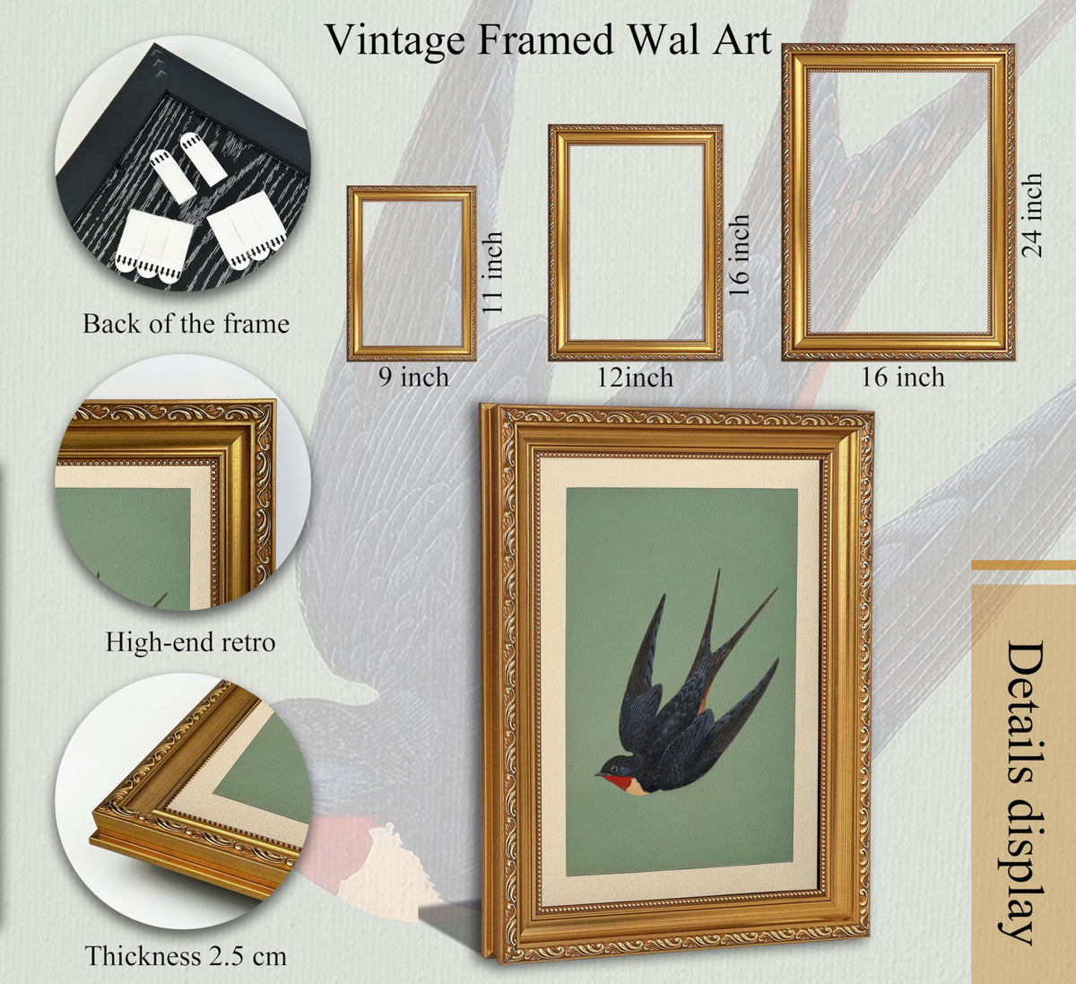 Vintage Gold Framed Swallow Wall Art (Retro Swallow Framed / 9"L x 11"W)