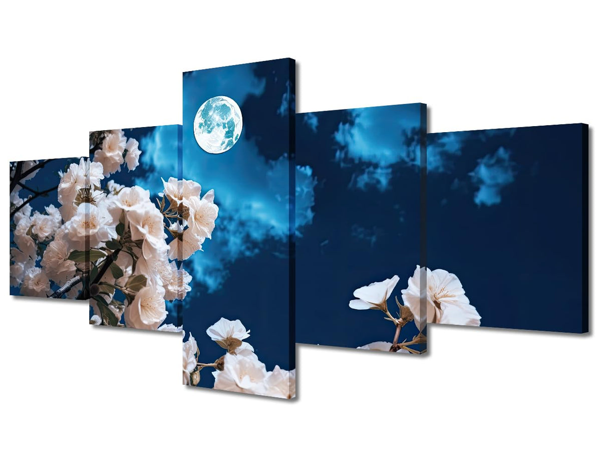 Canvas Wall Art Serene Cherry Blossoms Under Full Moon Night Sky Five Panel Framed Painting Japanese Inspired Decor Living Room Wall Art Ready To Hang 50"Wx24"H‌ (50''Wx24''H / Artwork-03)