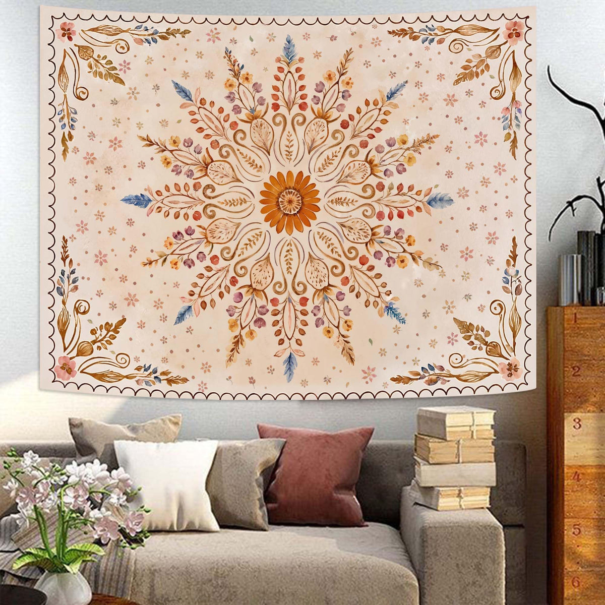 Boho Floral Mandala Tapestry for Bedroom Aesthetic Watercolor Bohemian Flower Wall Tapestry Brown Beige Hippie Indian Tapestries Wall Hanging for Living Room Dorm Decor 60 x 44 Inch (Brown Yellow / 60"L x 44"W)
