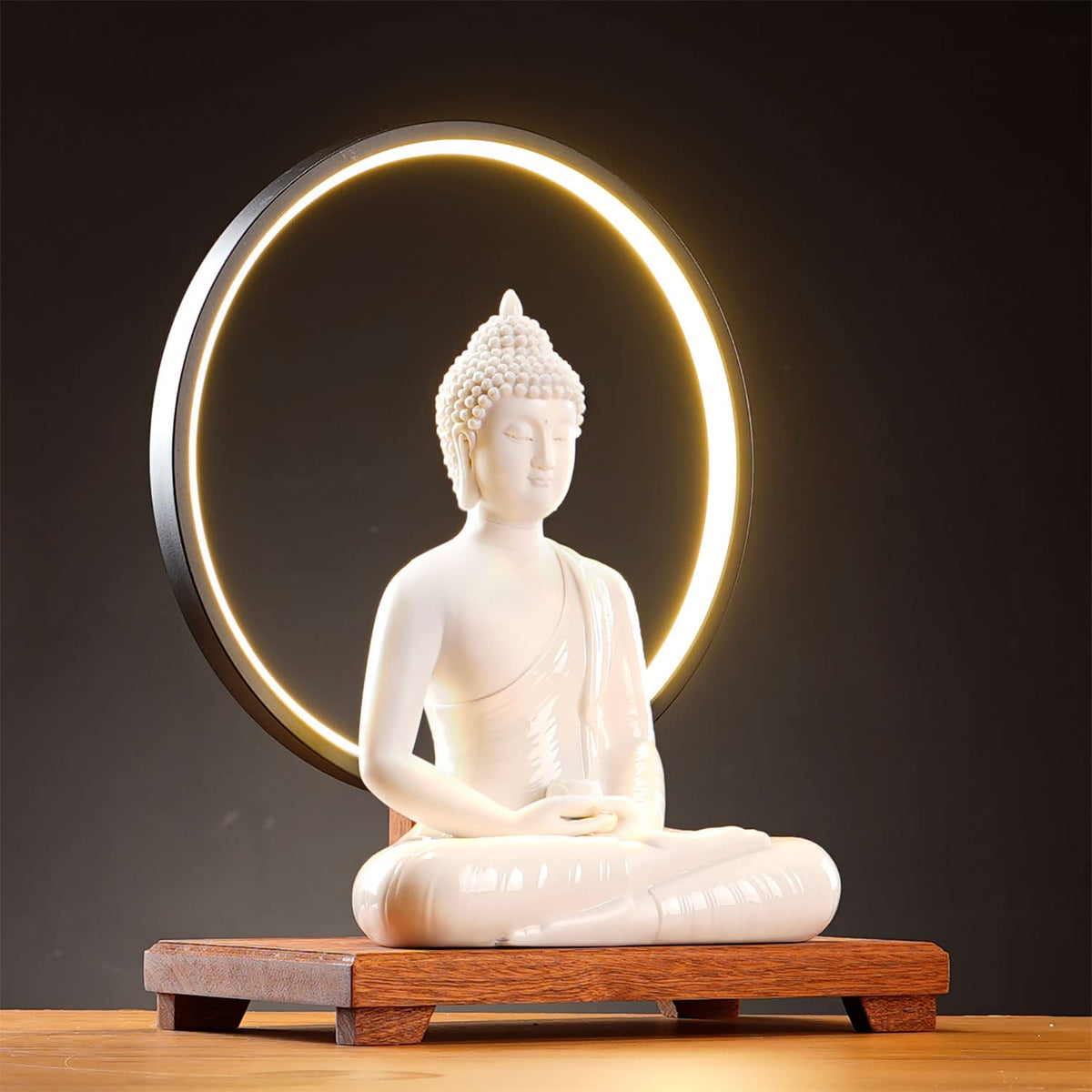 12 in White Buddha Statue and 15.74 in LED Circle Table Lamp (White)