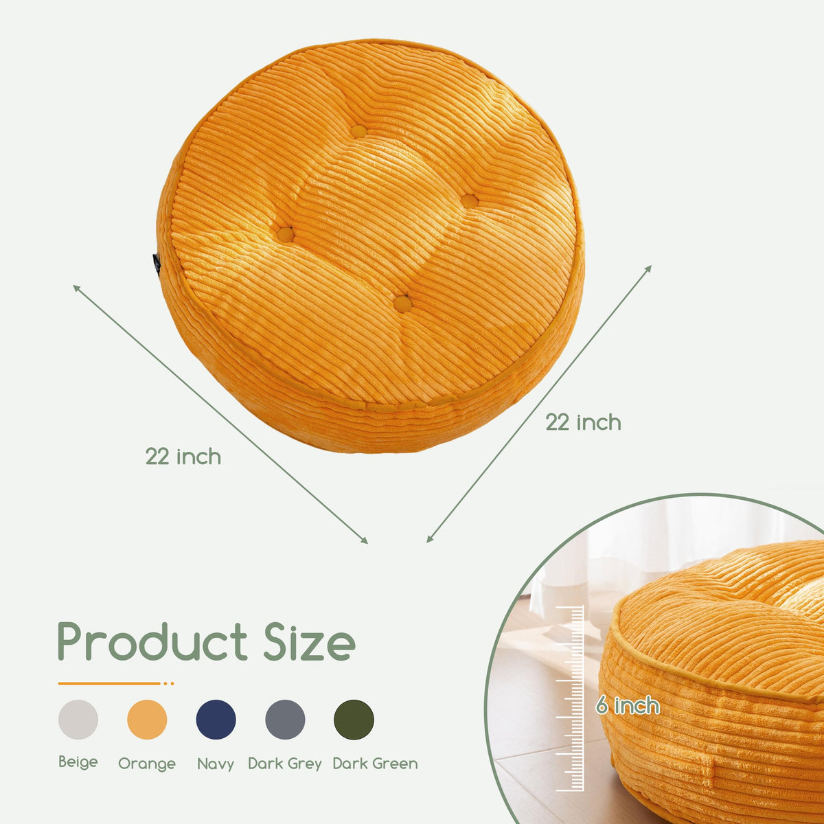 6" Extra Thick Floor Pillow Cushion for Adults (Round Orange / 6" Thick(Pack of 1))