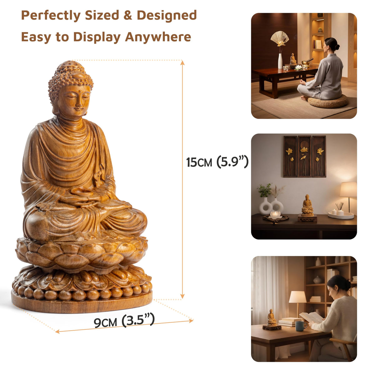 Buddha Statue Indoor with Gift Box and 108 Bead Mala (Meditating Buddha on Lotus)