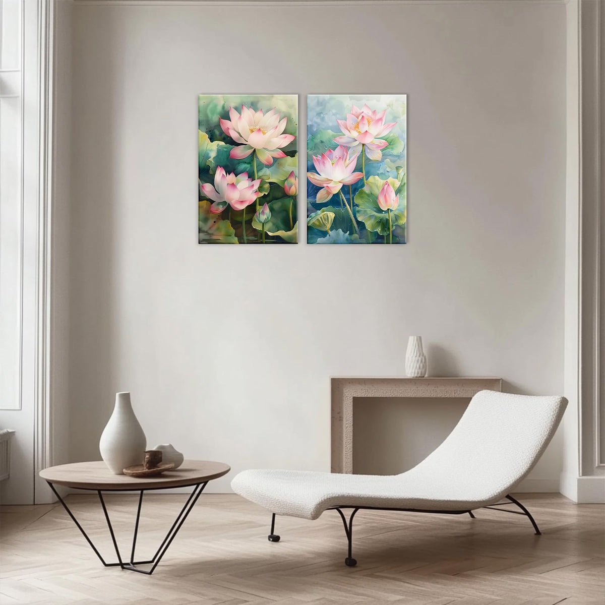 Zen Canvas Wall Art 2 Panel Blooming Pink Lotus Poster Wall Decor Watercolor Lotus Pond Painting Modern Artwork Spa Room Home Decoration Ready To Hang (Artwork-2 / 24"x32"x2pcs)