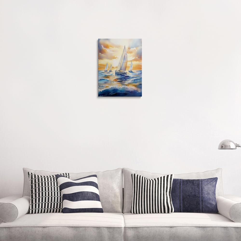 Sunset Sailboats Ocean Watercolor Canvas Wall Art Framed Painting Seascape Wall Decor Artwork Print Poster Calming Peaceful Blue Waves Golden Sky Coastal for Bathroom Living Room Bedroom 16x24 Inches (sailboat / 24"L x 16"W)