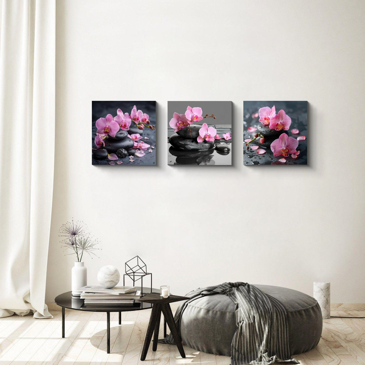3PCS Zen Spa Canvas Wall Art Pink Orchid Flower and Black Massage Stones Print Modern Botanical Floral Artwork Relaxation Theme Wall Decor for Bathroom Bedroom Home Spa Salon Decor (14X14inchX3pcs / Pink Orchid and Black Massage Stones)