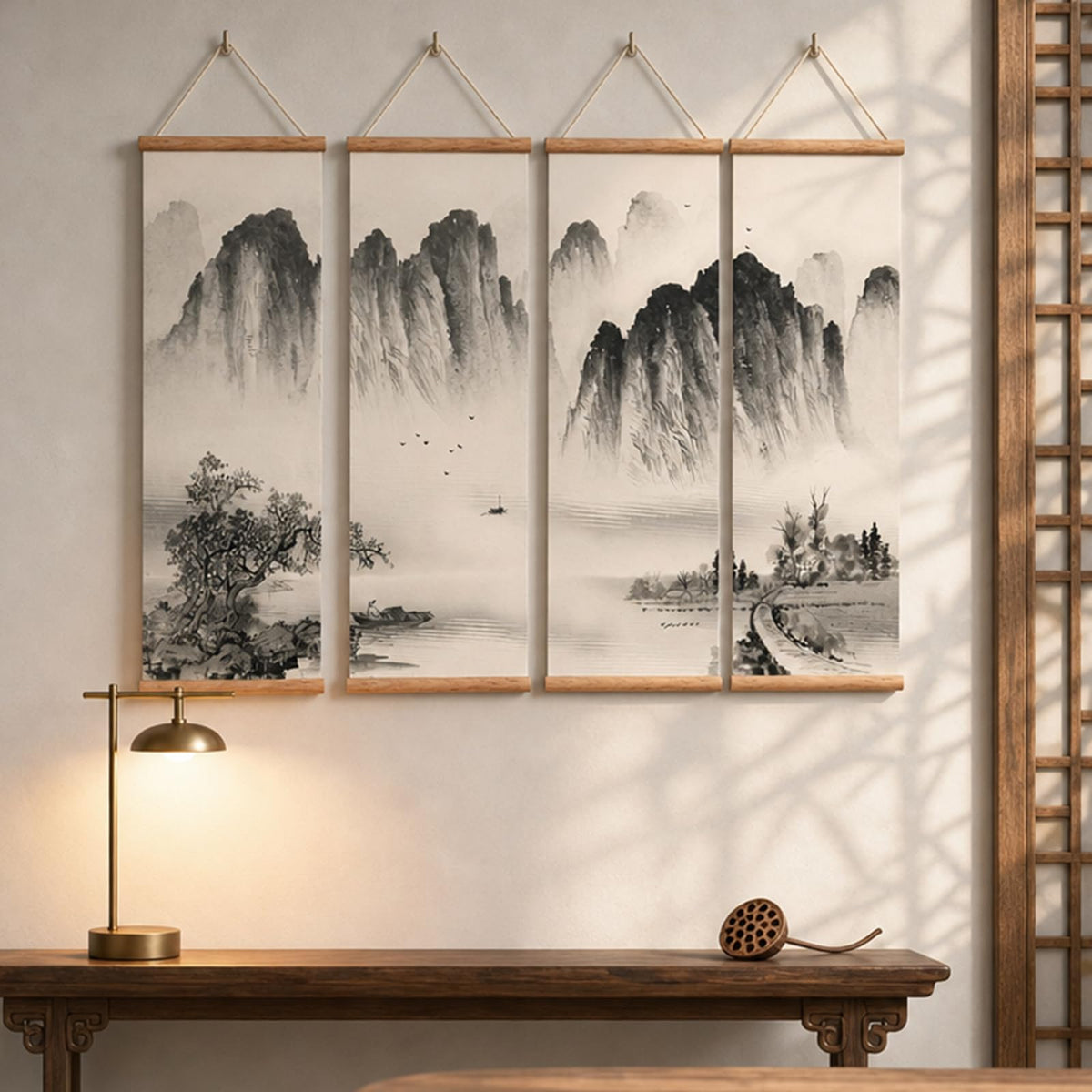 Chinese Ancient Landscape Scroll Wall Art (12”x36”x4piece / landscape-Oak)