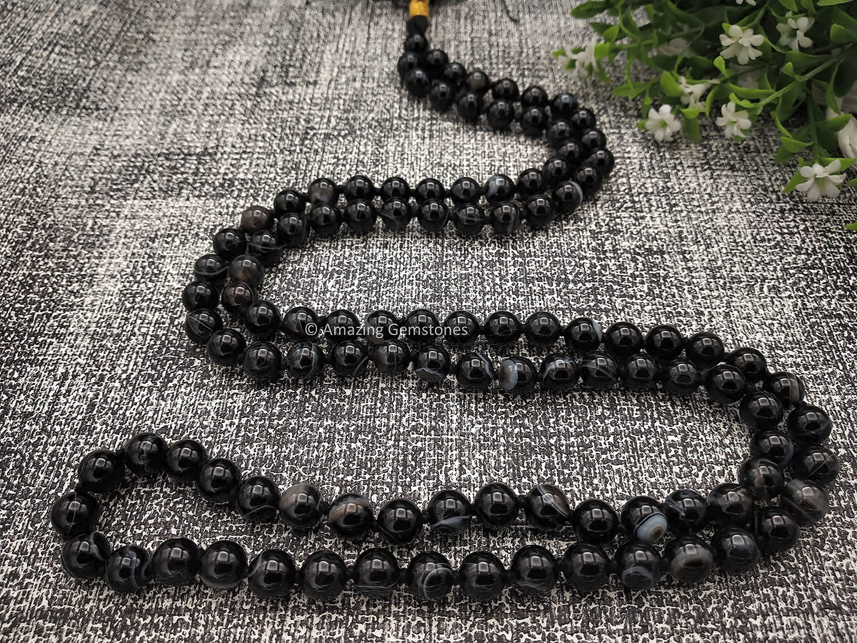 Black Banded Agate Sulemani Hakik Stone Buddhist Prayer Beads Japa Mala with 108 Meditation Beads (Hand Knotted / Black Banded Agate)