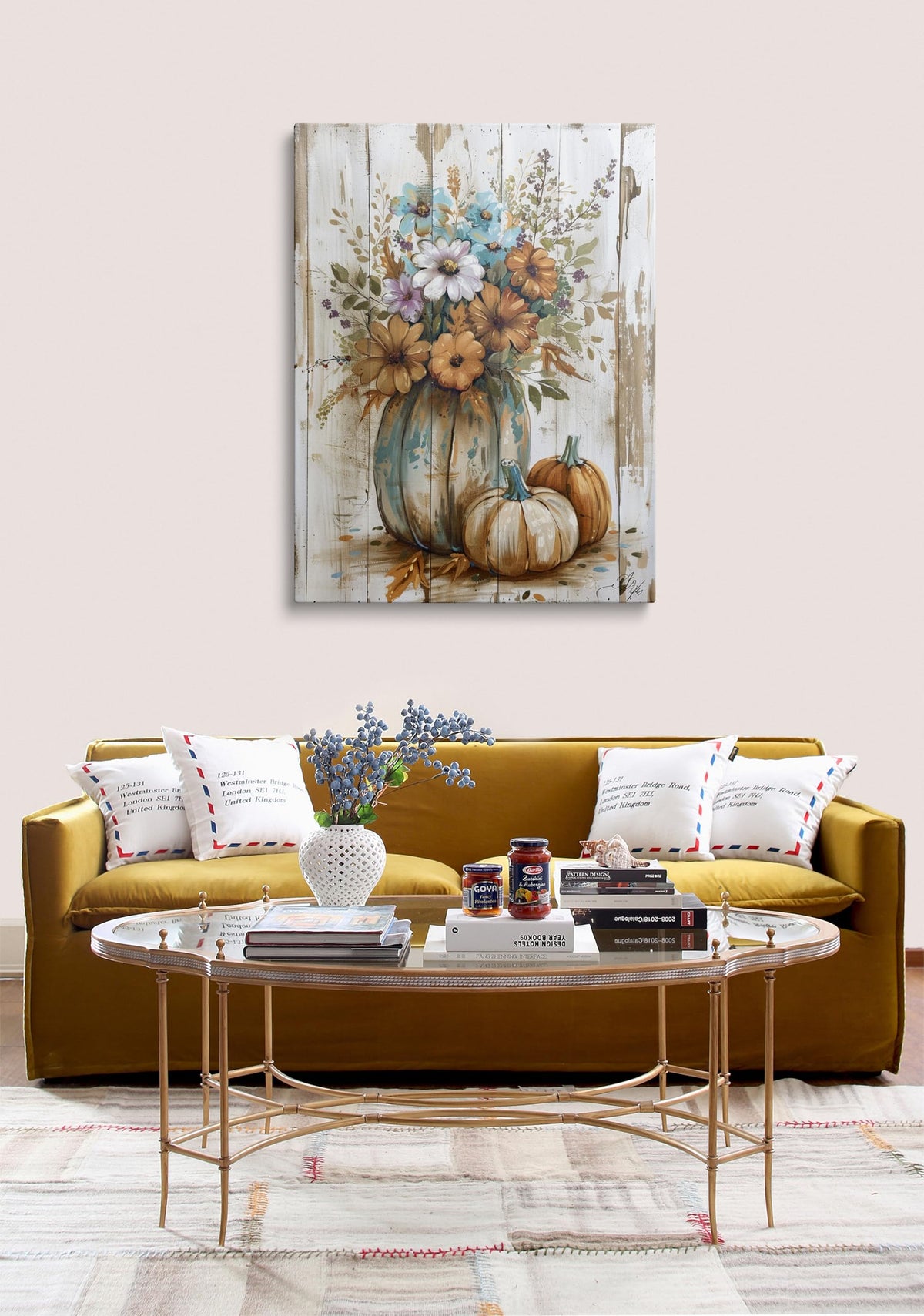 Framed Farmhouse Pumpkin Wall Art Canvas Floral Harvest Decor 16x24 Inches (Pumpkin Flower / 24"L x 16"W)