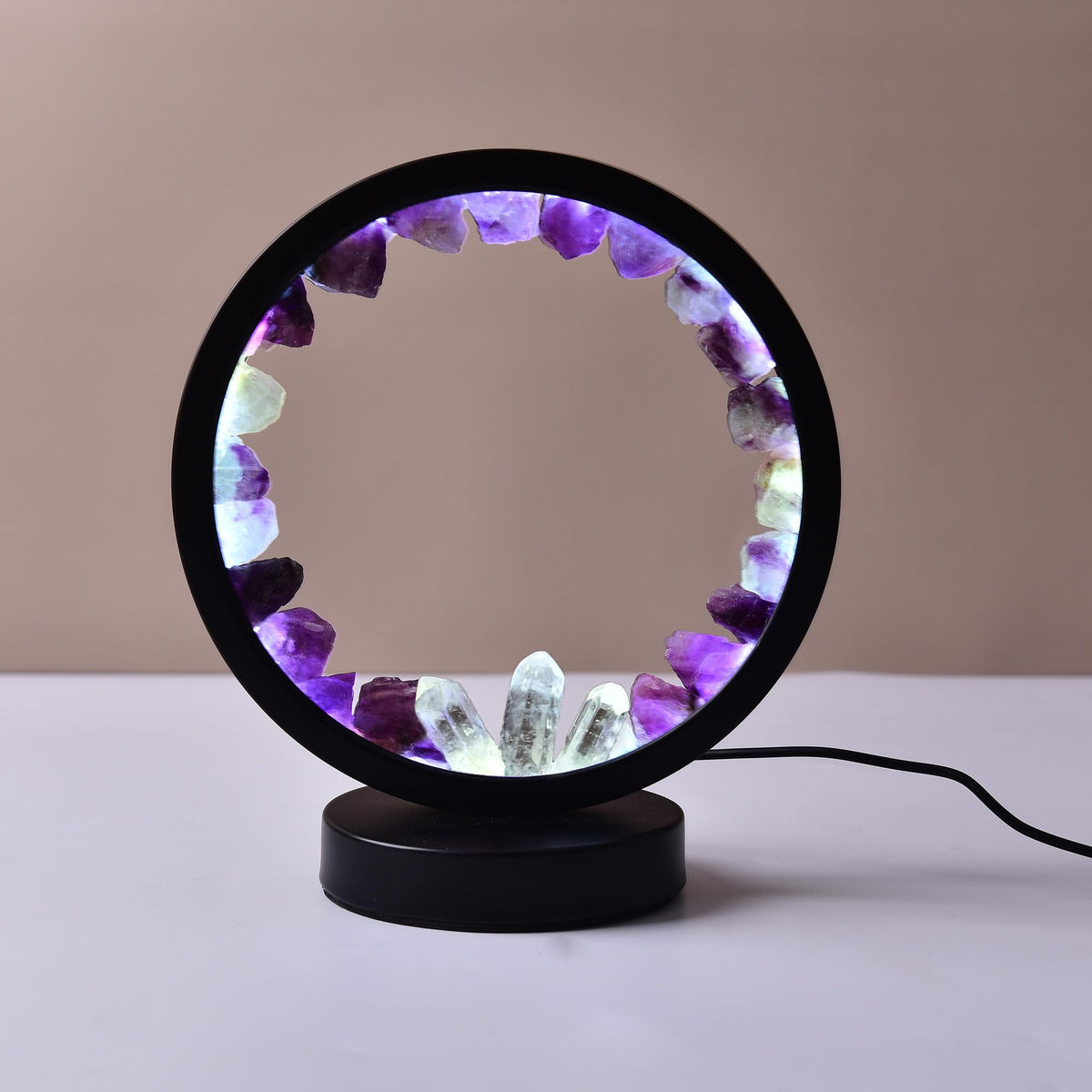 Natural Purple Fluorite Crystal Night Light Round Lamp Bedroom (Purple Fluorite Round)