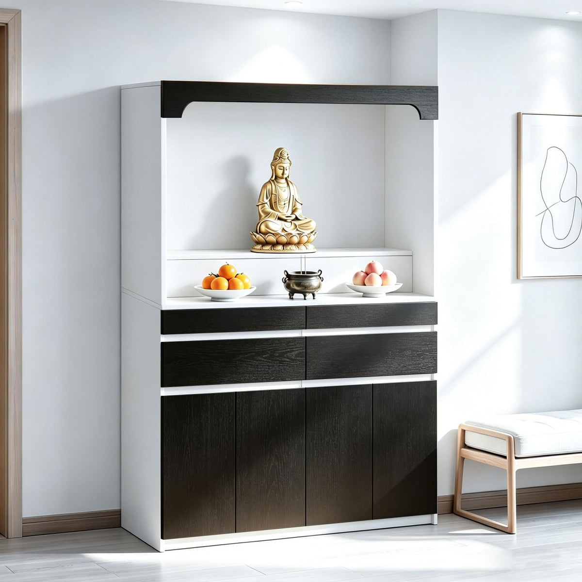 Altar Table Pooja Cabinet with Drawers and Storage Cabinets (51.2×15.7×65.4in / Black+white-2)