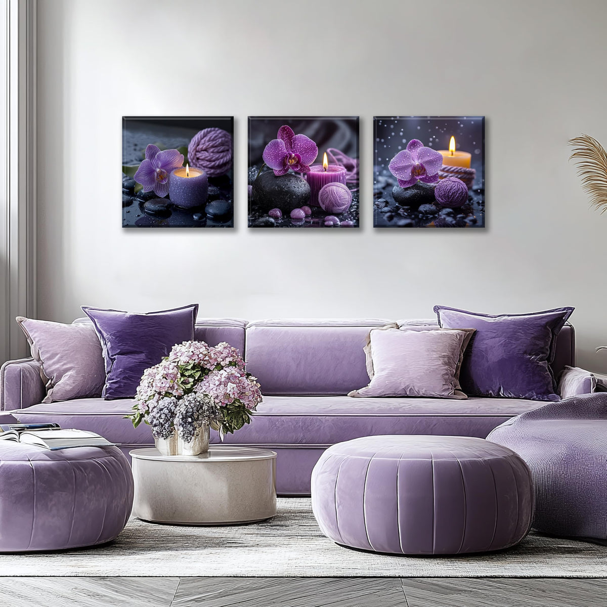 3PCS Purple Orchid Candle Canvas Wall Art Zen Spa Decor Black Stones Water Droplets Relaxing Purple Aesthetic Tranquil Meditation Artwork for Bedrooms Living Rooms Bathrooms Wellness Spaces (20X20inchX3pcs / Purple Orchid Candle)