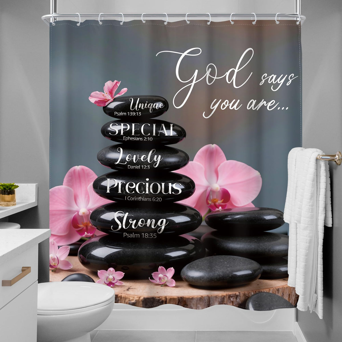 Zen Black Pink Shower Curtain 60Wx72H Scripture Flower Spa Relaxing Meditation Massage Quotes Stone Bible Verse Bath Curtain Fabric Bathroom Accessories Decor with 12 Hooks (D1-black / 60"W x 72"L (Pack of 1))