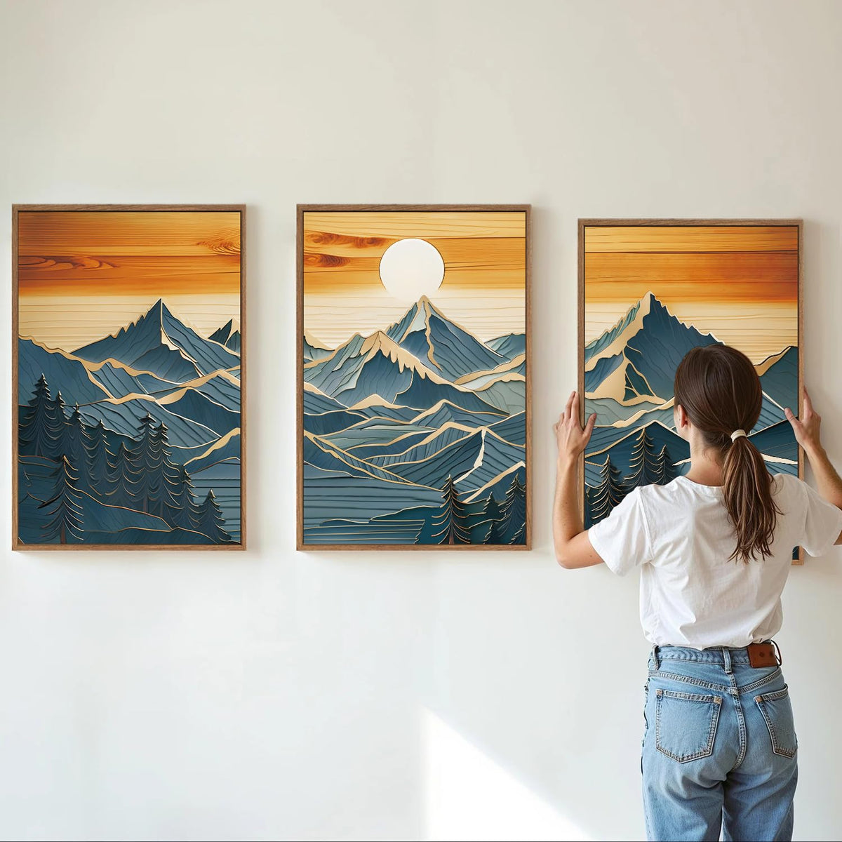 Large Mountains Framed Canvas Wall Art Set of 3 (Vintage Mountain / 36"L x 24"W)
