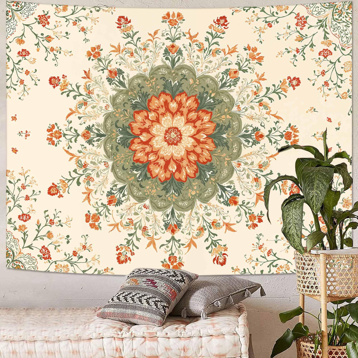 Mandala Floral Tapestry (90"L x 70"W / Ivory Orange)