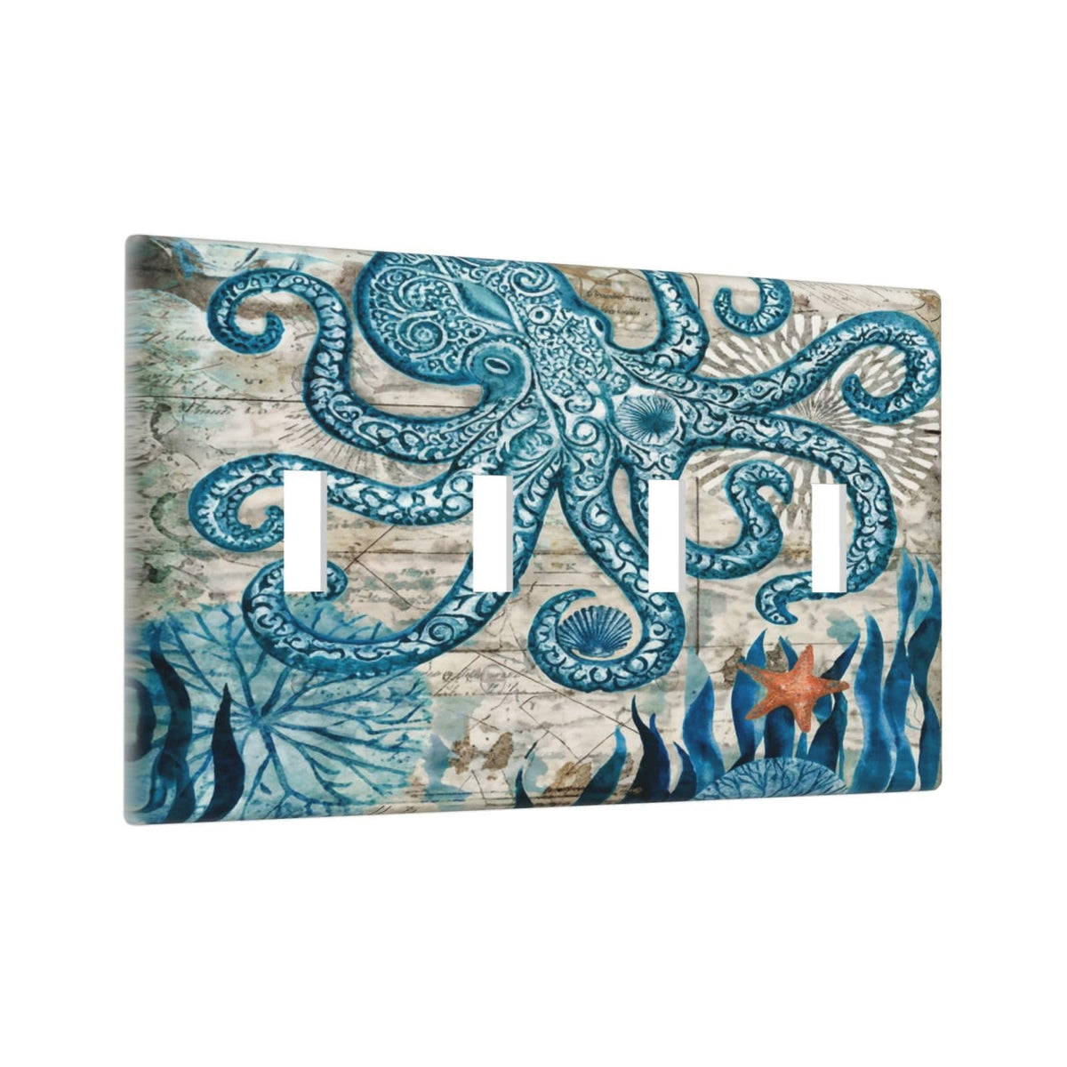Nautical Ocean Starfish Octopus Decorative 4 Gang Quad Toggle Light Switch Cover Plate Decorative Electric Quadruple Device Faceplate Switchplate Screwless (Nautical Ocean Starfish Octopus / 4 Gang Quad Toggle)